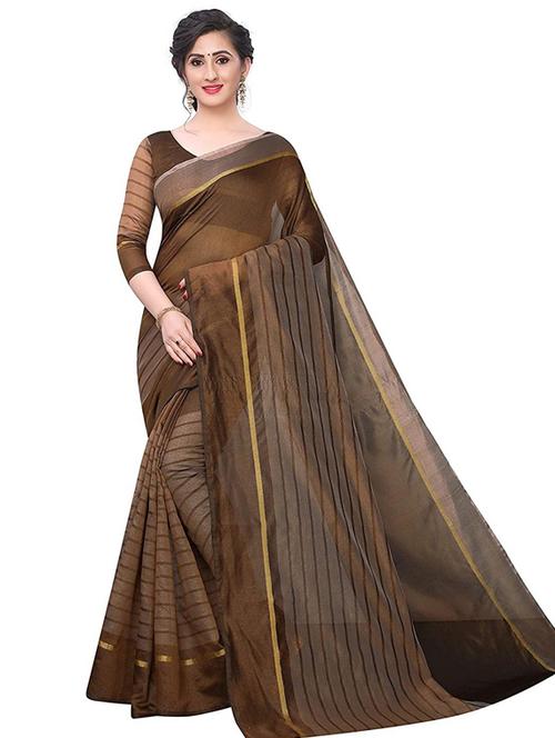 women's stripes coffee brown colored saree with blouse - 18692836 - Very Small Image - 1