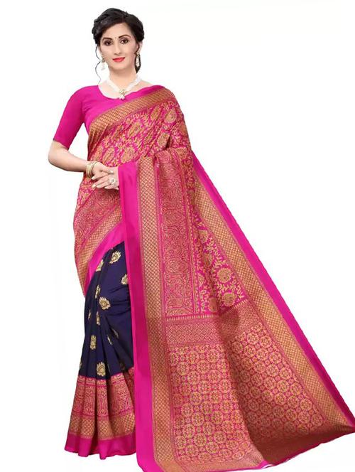 women's printed navy blue colored saree with blouse - 18692851 - Very Small Image - 1