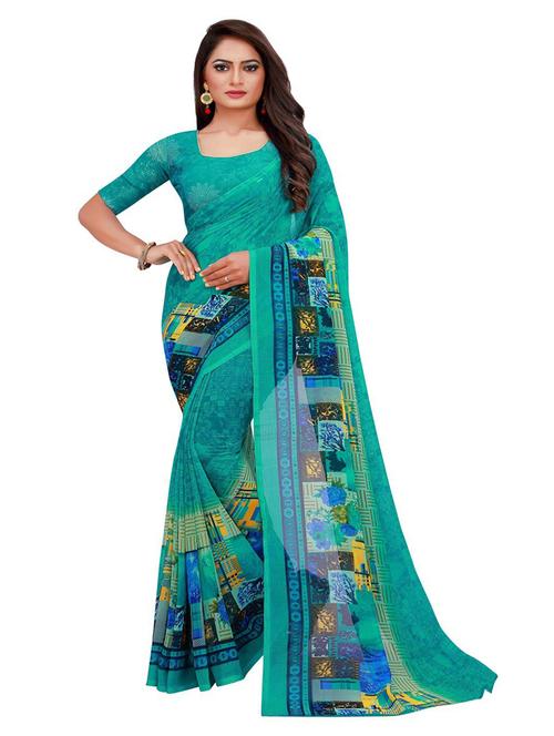 women's printed turquoise colored saree with blouse - 18696017 - Very Small Image - 1