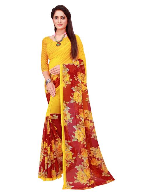 women's floral mustard colored saree with blouse - 18696081 - Very Small Image - 1