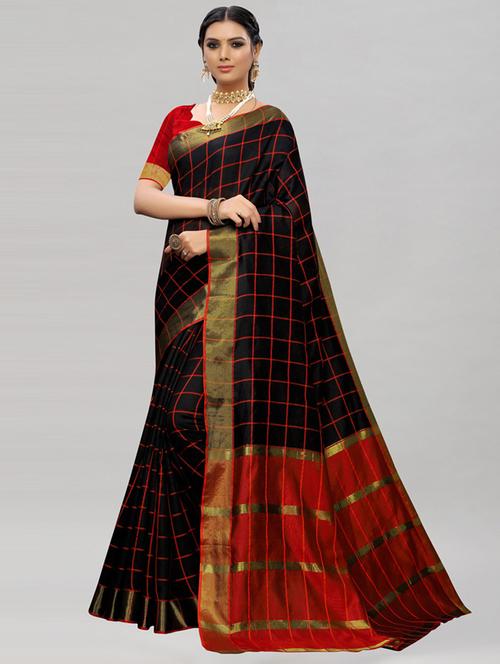 women's checks black colored saree with blouse - 18696539 - Very Small Image - 1
