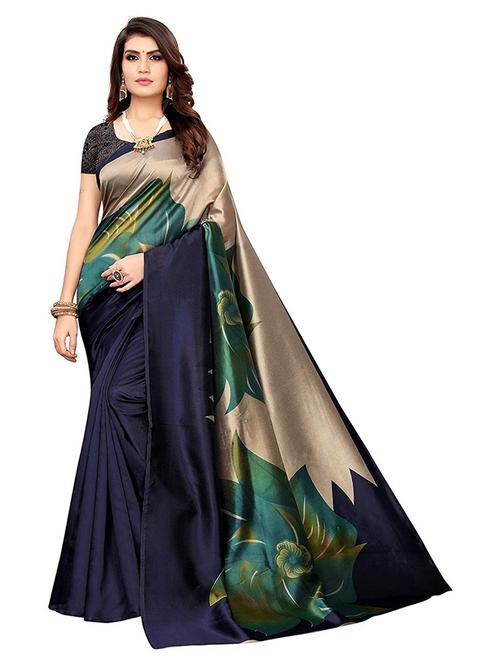 women's floral navy blue colored saree with blouse - 18696581 - Very Small Image - 1