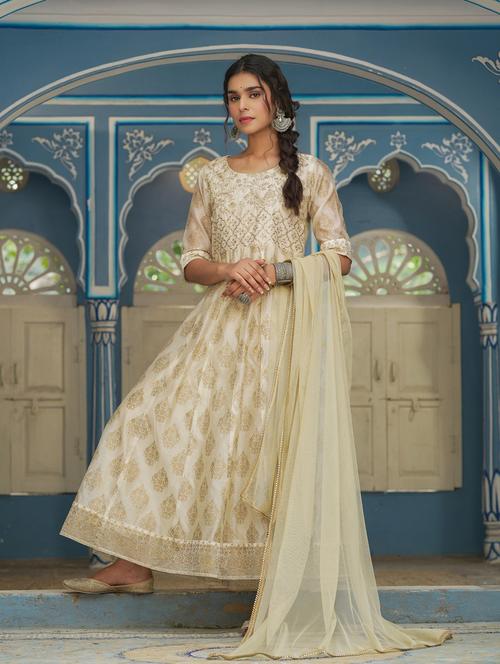 beige silk flared kurta with dupatta  - 18699859 - Very Small Image - 1