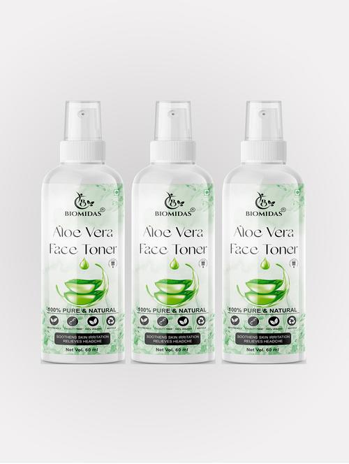 biomidas 100% natural aloe vera toner for cleansing & refreshing skin pore tightening toner with spray 60ml (pack of 3) - 18722546 - Very Small Image - 1