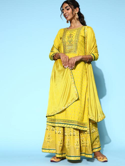 yellow kurta skirt set with dupatta - 18736380 - Very Small Image - 1