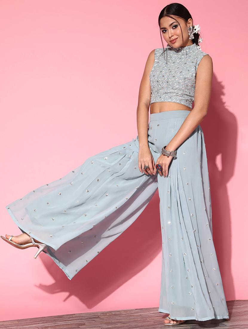 blue top palazzo set with dupatta - 18738966 - Standard Image - 2