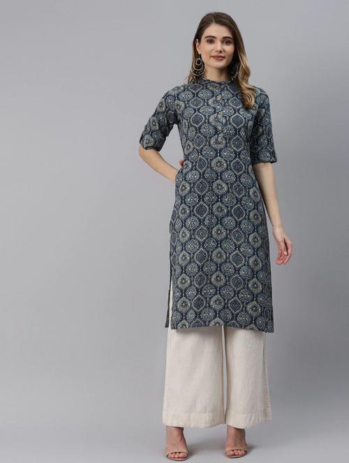 navy cotton straight kurta - 18739114 - Very Small Image - 1