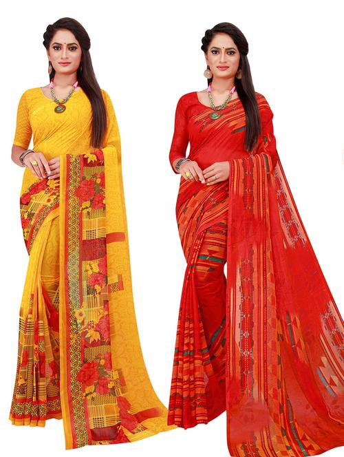 pack of 2 printed sarees with blouse - 18739988 - Very Small Image - 1