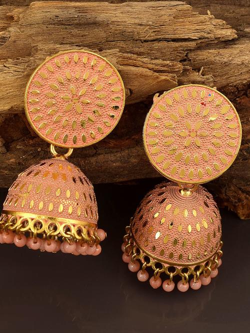 pink brass jhumka earring - 18743436 - Very Small Image - 1