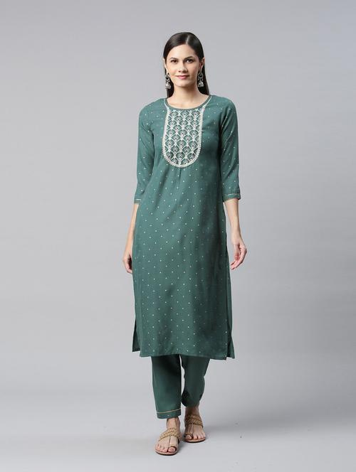 green chiffon kurta pant  set - 18743721 - Very Small Image - 1