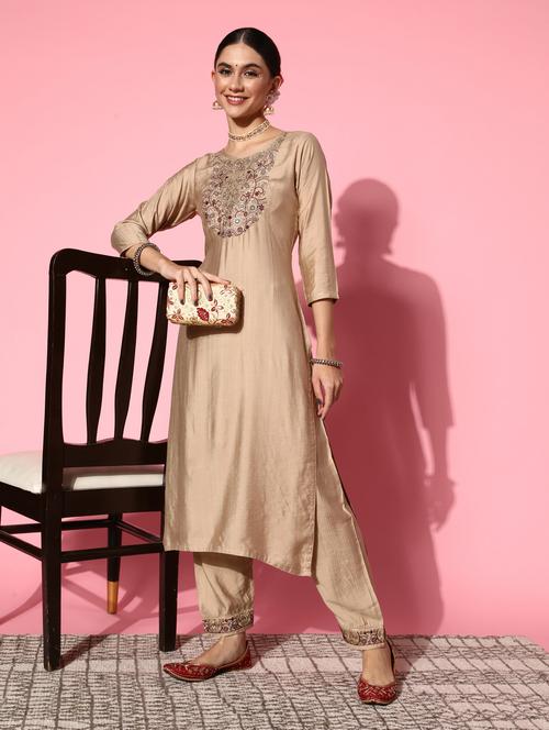 beige viscose kurta pant  set - 18743730 - Very Small Image - 1