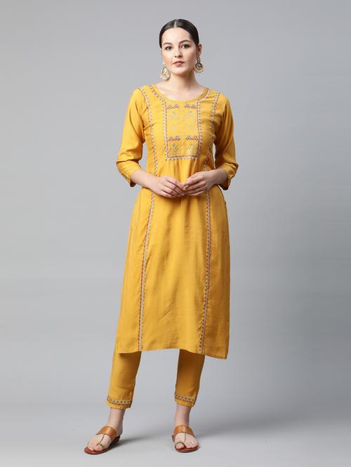women yellow round neck kurta pant set  - 18743743 - Very Small Image - 1