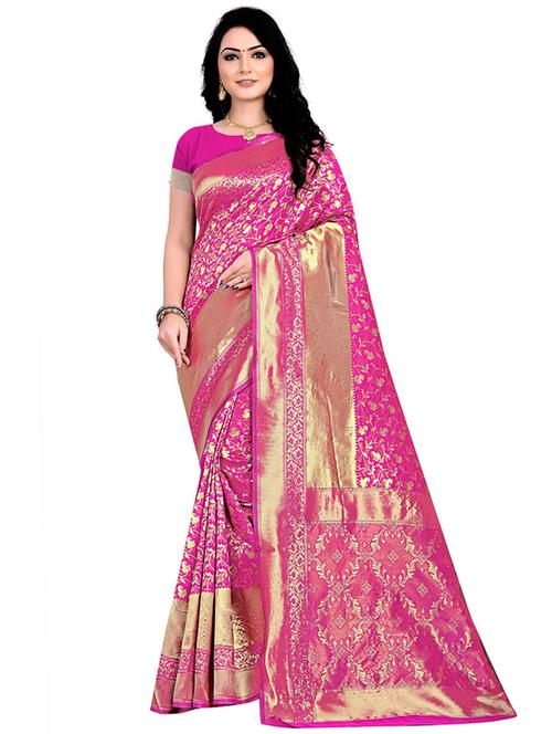 pink silk blend banarasi saree with blouse - 18758533 - Very Small Image - 1