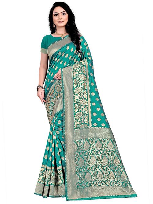 green silk blend banarasi saree with blouse - 18758539 - Very Small Image - 1