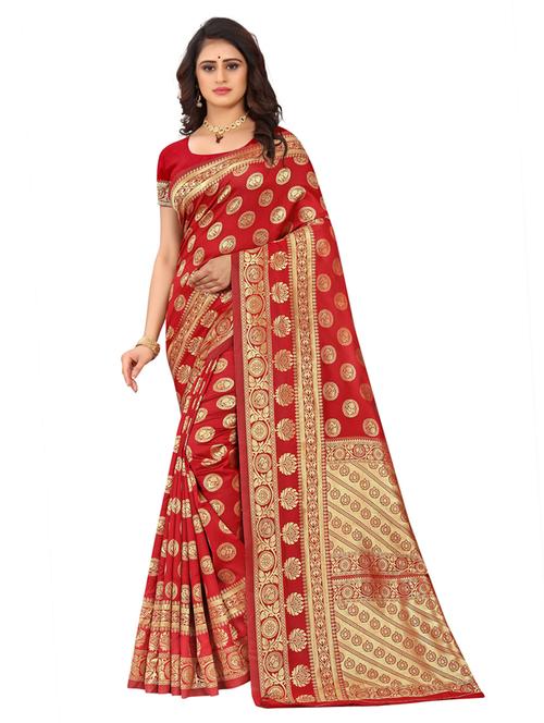 red silk blend banarasi saree with blouse - 18758686 - Very Small Image - 1