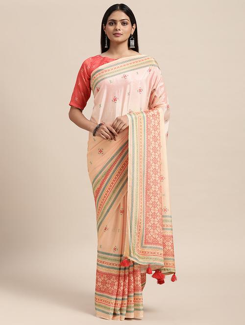 women's self design peach colored saree with blouse - 18788416 - Very Small Image - 1