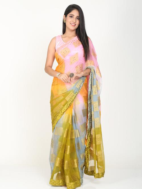 multi coloured jacquard saree with blouse - 18789494 - Very Small Image - 1