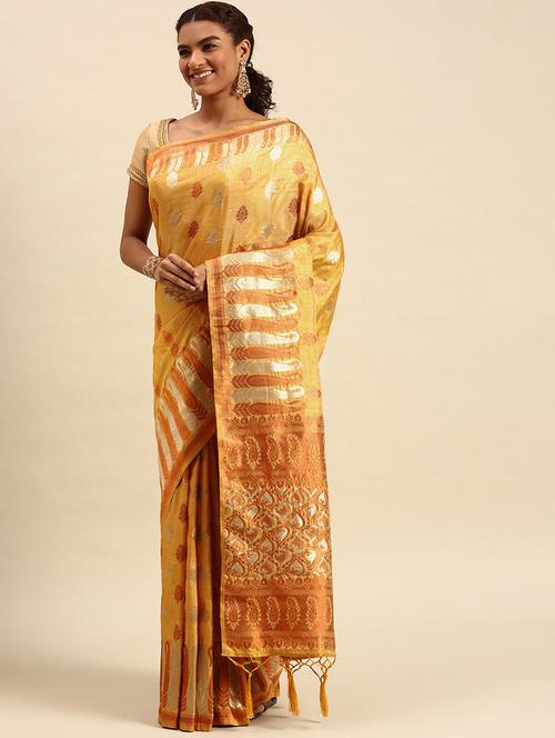 women's self design gold colored saree with blouse - 18790135 - Very Small Image - 1
