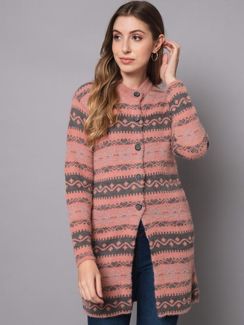 round neck printed wool cardigan - 18790292 - Very Small Image - 1