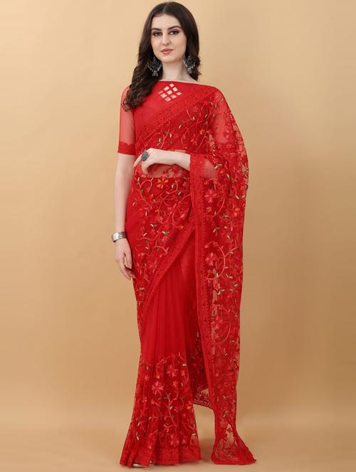 red floral embroidered saree with blouse - 18790301 - Very Small Image - 1