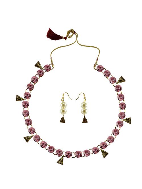 pink stone brass necklaces with earring - 18794900 - Very Small Image - 1