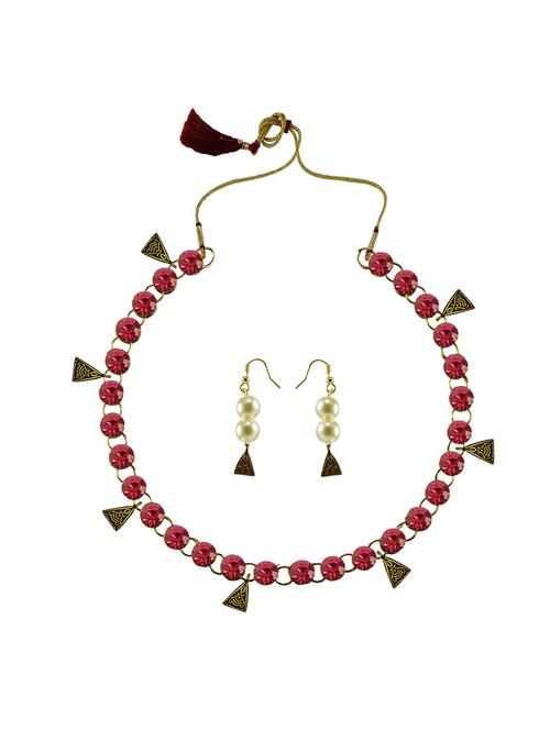 pink stone stud-brass necklace with earrings - 18794914 - Very Small Image - 1