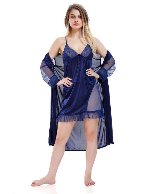 navy blue solid sleepwear robe with babydoll set  - 18801290 - Very Small Image - 1