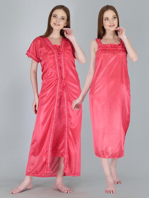 peach solid sleepwear robe with nighty set  - 18801323 - Very Small Image - 1