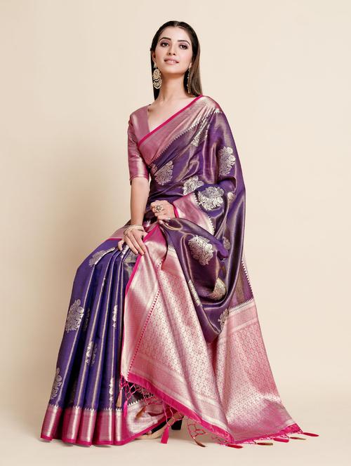 dark blue art silk kanjivaram saree with blouse - 18801393 - Very Small Image - 1