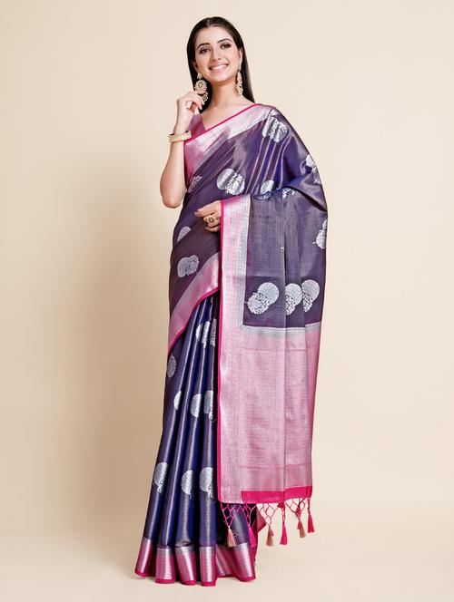dark blue art silk kanjivaram saree with blouse - 18801398 - Very Small Image - 1