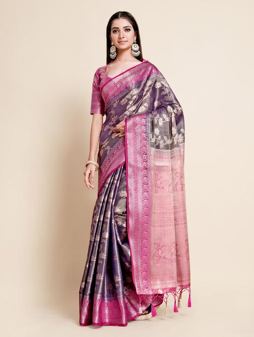 women's floral indigo colored saree with blouse - 18801410 - Very Small Image - 1