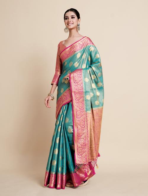 women's self design turquoise colored saree with blouse - 18801416 - Very Small Image - 1