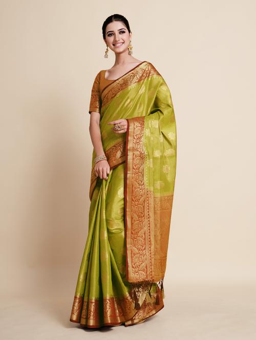 women's self design lime colored saree with blouse - 18801419 - Very Small Image - 1