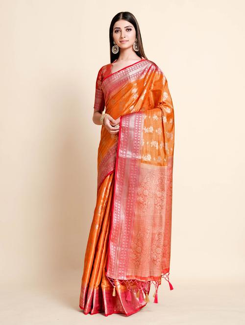 women's self design orange colored saree with blouse - 18801441 - Very Small Image - 1