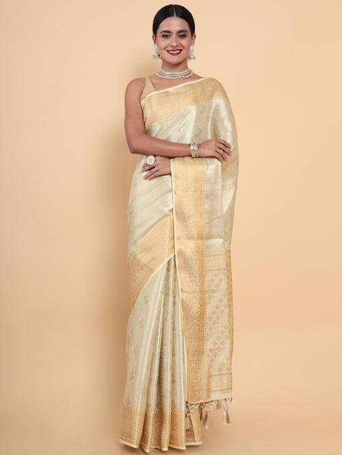 women's floral cream colored saree with blouse - 18801471 - Very Small Image - 1