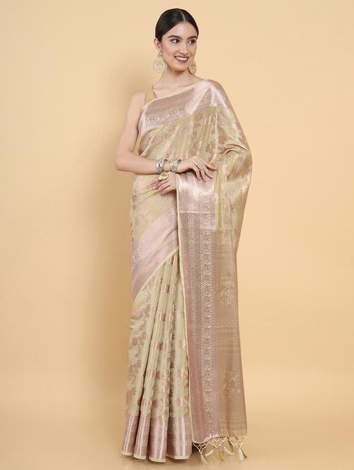 women's self design cream colored saree with blouse - 18801483 - Very Small Image - 1