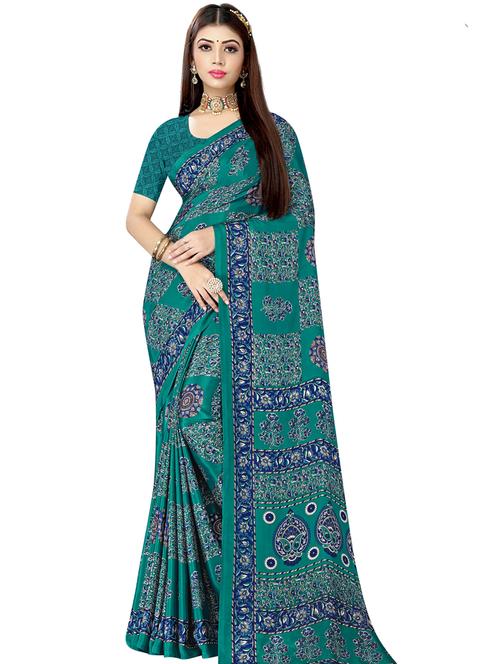 women's printed sea green colored saree with blouse - 18808548 - Very Small Image - 1