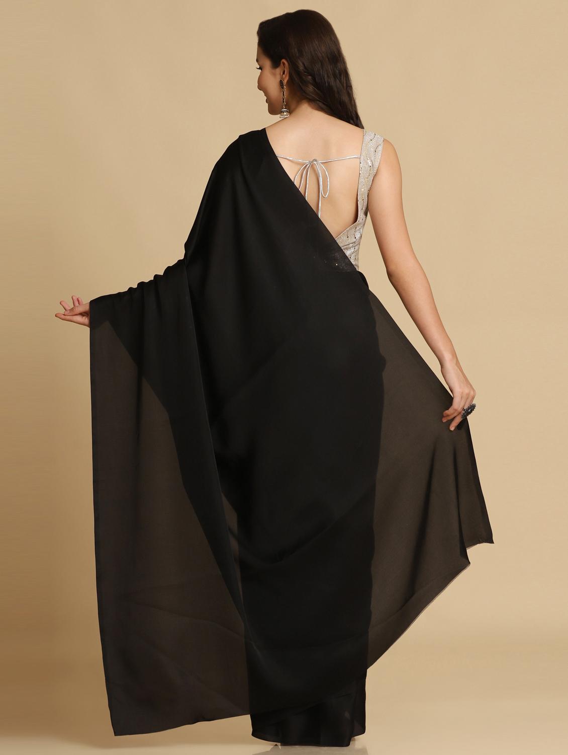 women's solid black colored saree with blouse - 18823164 - Standard Image - 3