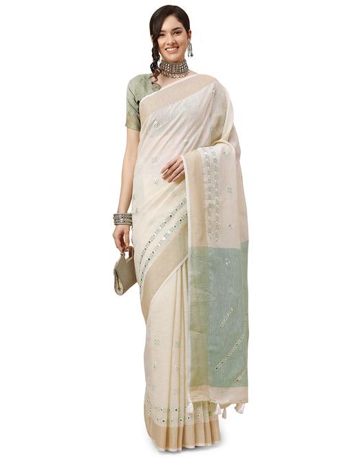 turquoise linen banarasi saree with blouse - 18842017 - Very Small Image - 1