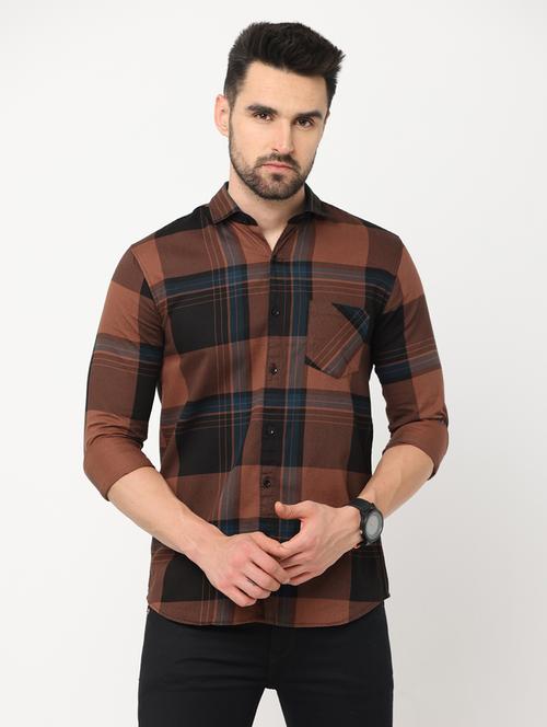 brown checks cotton regular casual shirt - 18844004 - Very Small Image - 1