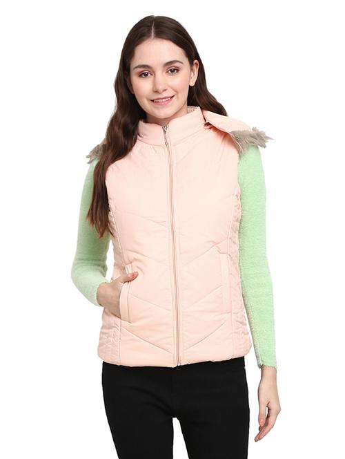 women peach solid hood neck quilted jacket - 18844569 - Very Small Image - 1