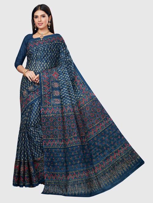 indigo cotton printed saree with blouse - 18854864 - Very Small Image - 1
