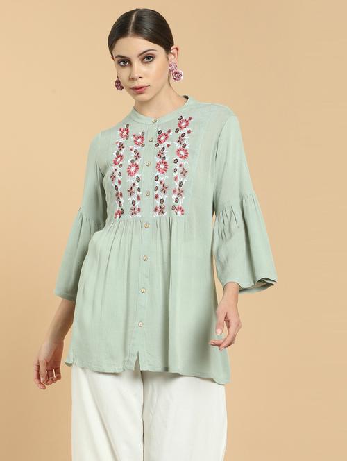 green embroidered long sleeve a-line tunic - 18861118 - Very Small Image - 1