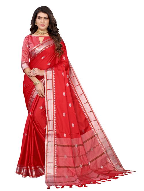 red cotton silk banarasi saree with blouse - 18869968 - Very Small Image - 1
