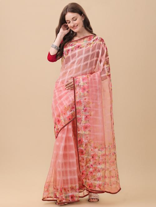 pink printed saree with blouse - 18870113 - Very Small Image - 1