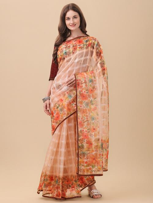orange organza printed saree with blouse - 18870115 - Very Small Image - 1