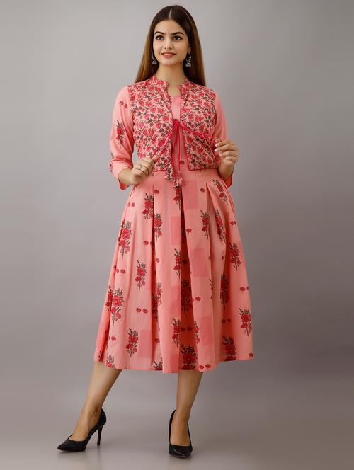 women pink floral printed three quarter sleeve ethnic dress - 18873636 - Very Small Image - 1