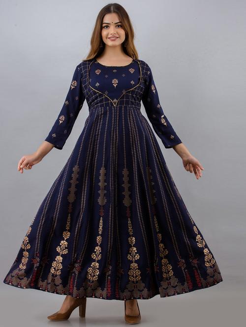 blue printed flared kurta - 18873644 - Very Small Image - 1