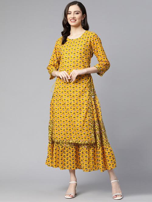yellow cotton layered ethnic dress - 18875367 - Very Small Image - 1