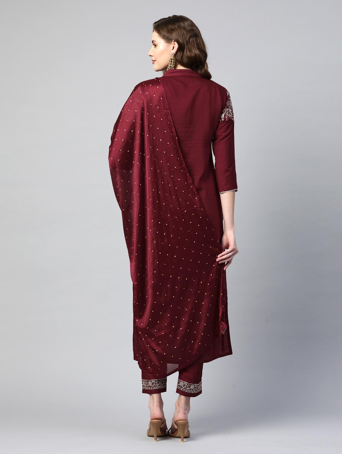 maroon embroidered kurta pant set with dupatta - 18875394 - Zoom Image - 2